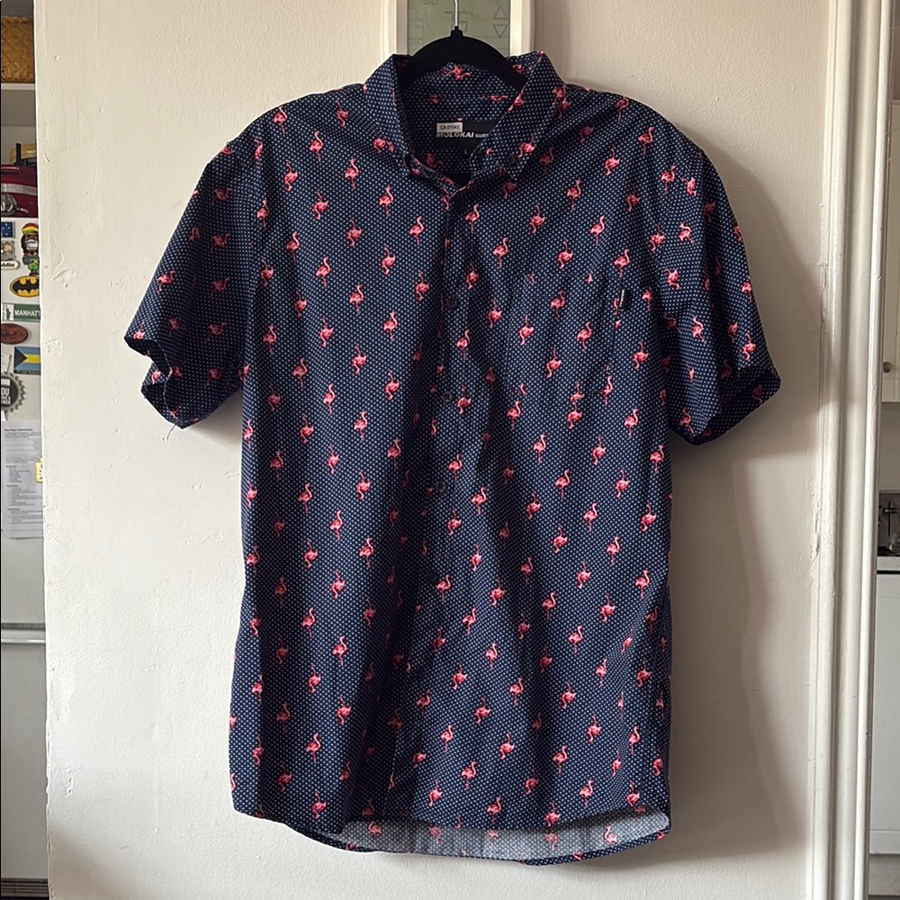 MOLOKAI SURF CO -  Blue and Pink flamingo Short Sleeve Summer Button Down Shirt